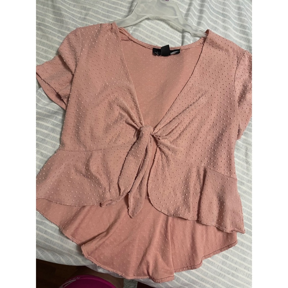 Perceptions New York Pink Swiss Dot Tie Front Peplum Blouse Womens Medium